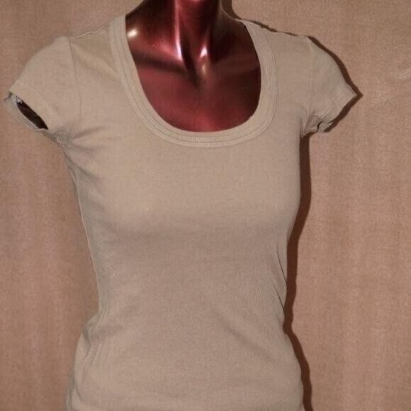 L.A.Base Tops - Light brown Khaki Scoop Neck Short Sleeve Basic Size S